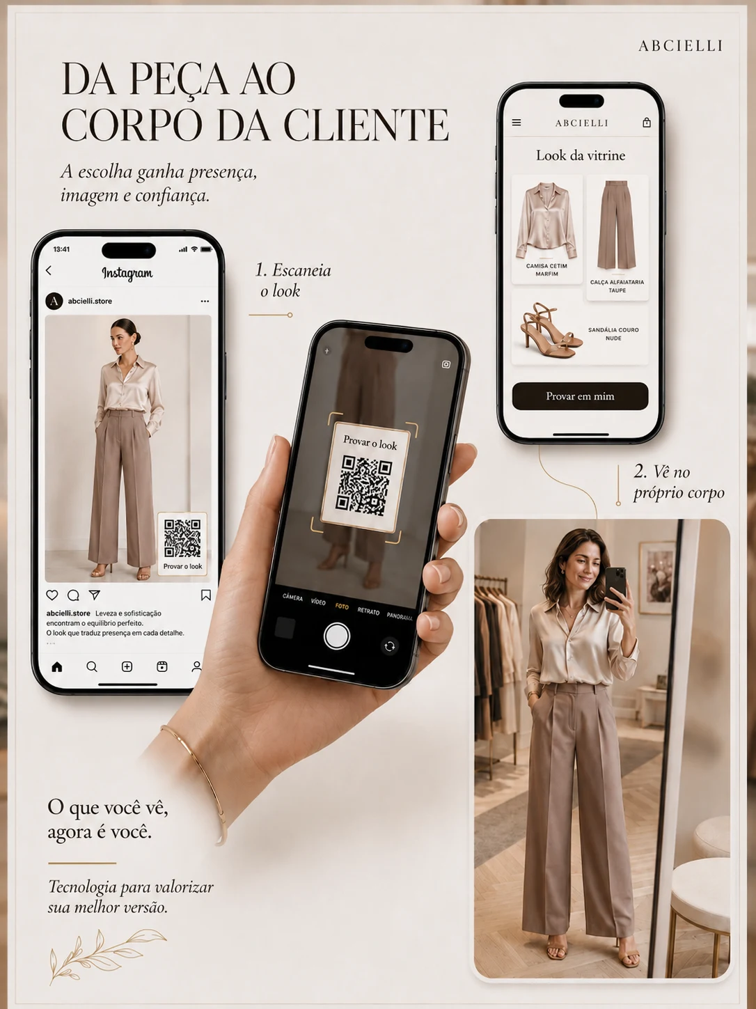 Post de moda com QR code abrindo o mesmo look no provador virtual da Abcielli.