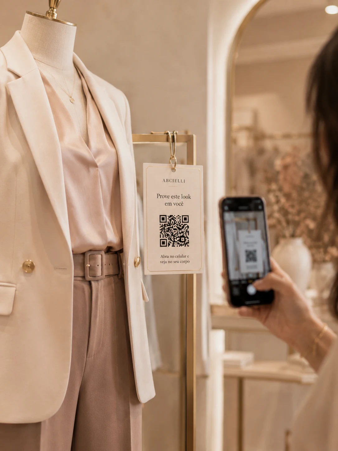Etiqueta com QR code em uma vitrine física para provar o look no celular.